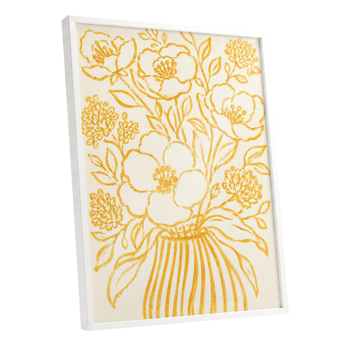 Golden Vase Reverie, beige, gold, yellow floral wall art shown as a white framed poster wall art print