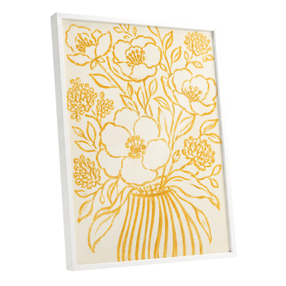 Golden Vase Reverie, beige, gold, yellow floral wall art shown as a white framed poster wall art print