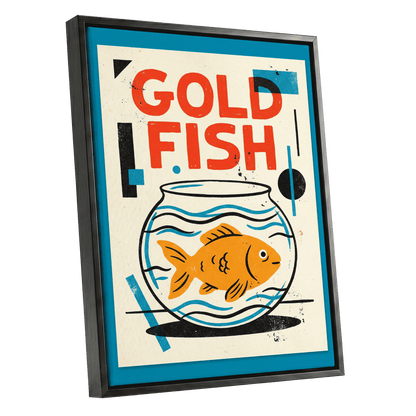Goldfish Geometry, beige, orange, blue nature wall art shown as a black framed canvas wall art