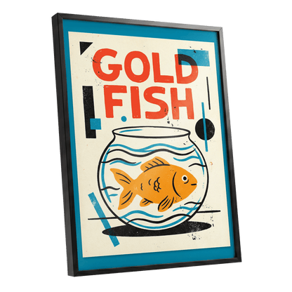 Goldfish Geometry, beige, orange, blue nature wall art shown as a black framed poster wall art print