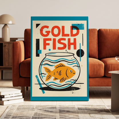 Goldfish Geometry, beige, orange, blue nature wall art on canvas displayed in a styled interior, gallery view 1