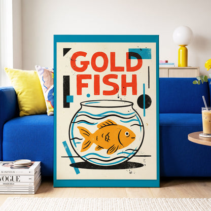 Goldfish Geometry, beige, orange, blue nature wall art on canvas displayed in a styled interior, gallery view 2