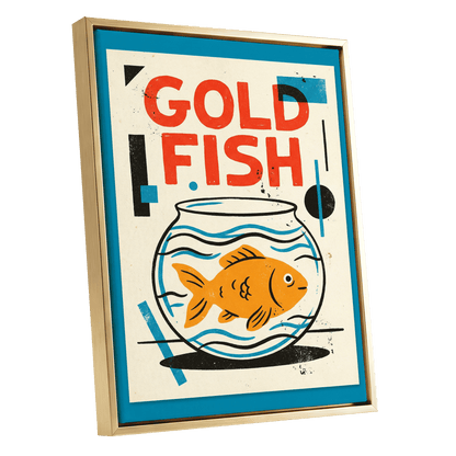 Goldfish Geometry, beige, orange, blue nature wall art shown as a gold framed canvas wall art