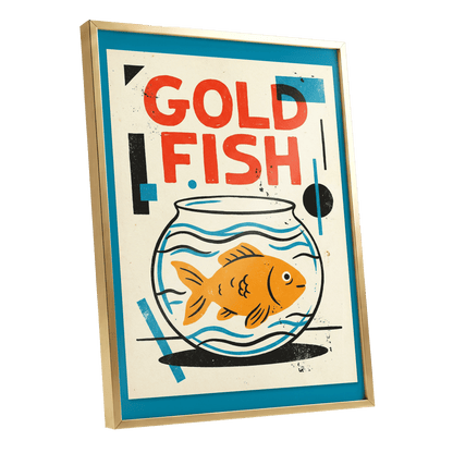 Goldfish Geometry, beige, orange, blue nature wall art shown as a gold framed poster wall art print