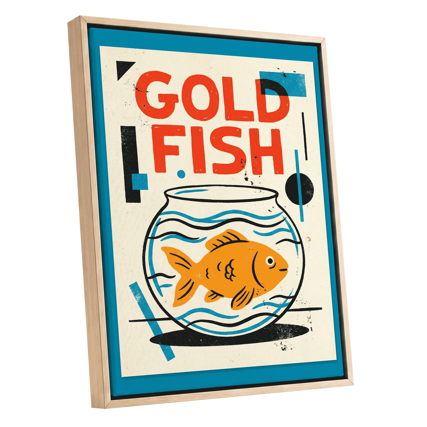 Goldfish Geometry, beige, orange, blue nature wall art shown as a oak framed canvas wall art
