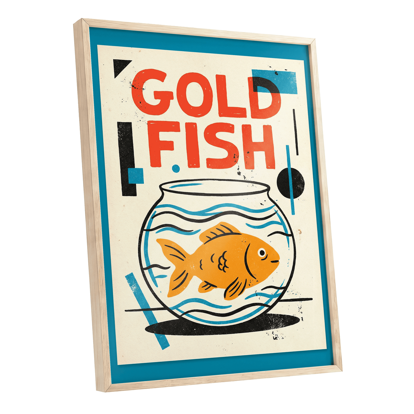Goldfish Geometry, beige, orange, blue nature wall art shown as a oak framed poster wall art print