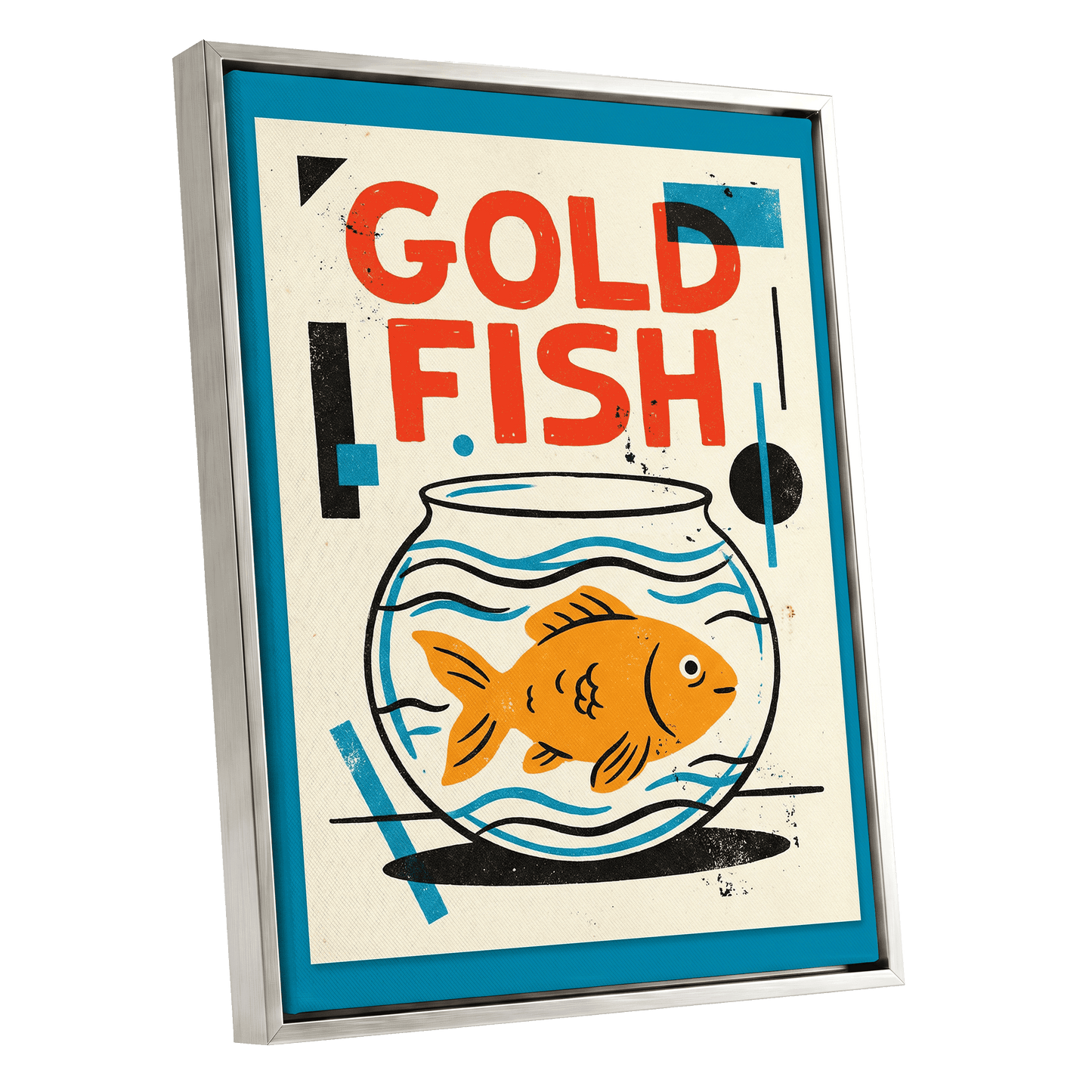 Goldfish Geometry, beige, orange, blue nature wall art shown as a silver framed canvas wall art