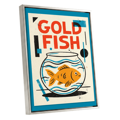 Goldfish Geometry, beige, orange, blue nature wall art shown as a silver framed canvas wall art