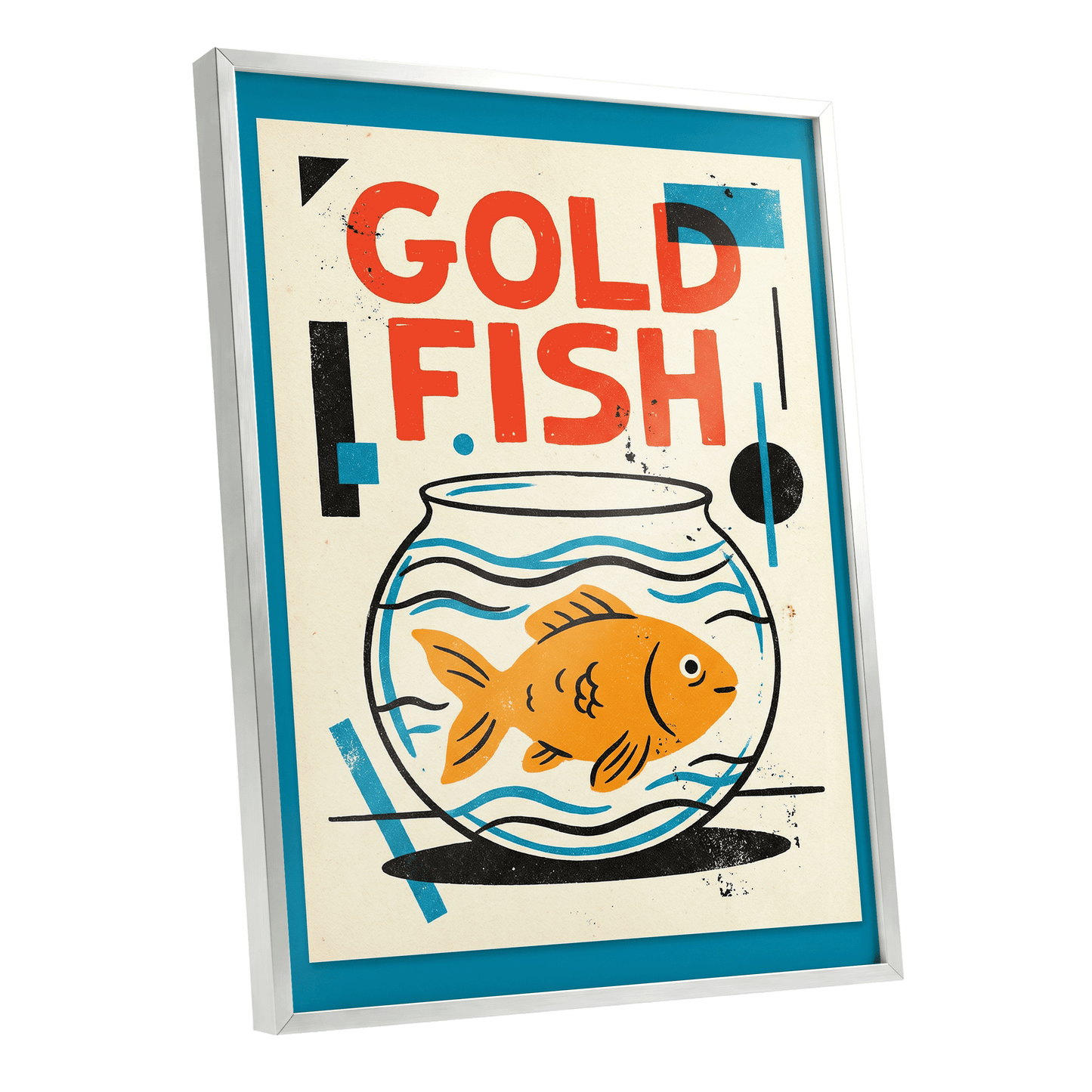 Goldfish Geometry, beige, orange, blue nature wall art shown as a silver framed poster wall art print