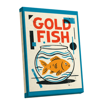 Goldfish Geometry, beige, orange, blue nature wall art shown as a stretched canvas wall art