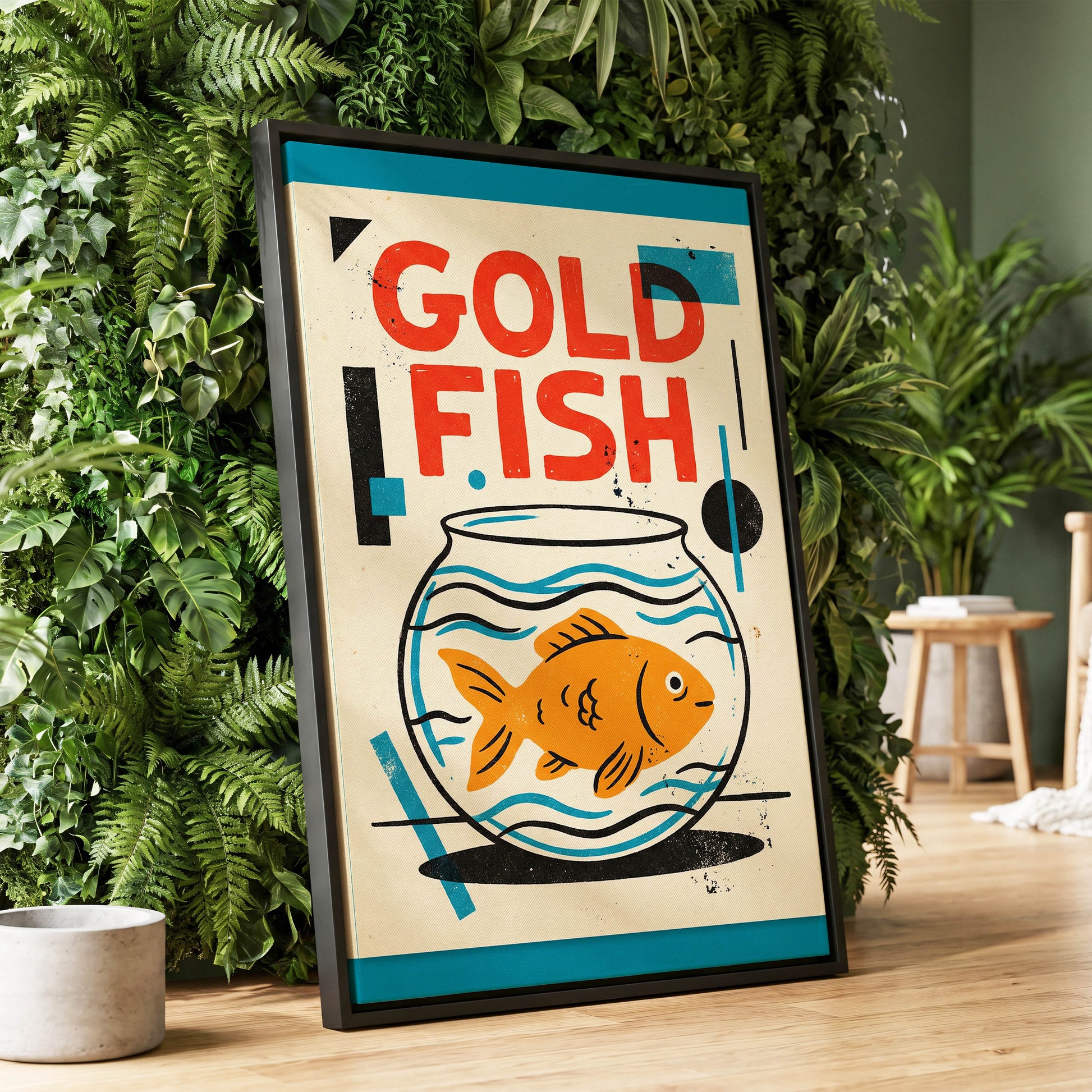 Goldfish Geometry, beige, orange, blue nature wall art displayed in a styled interior, gallery view 1