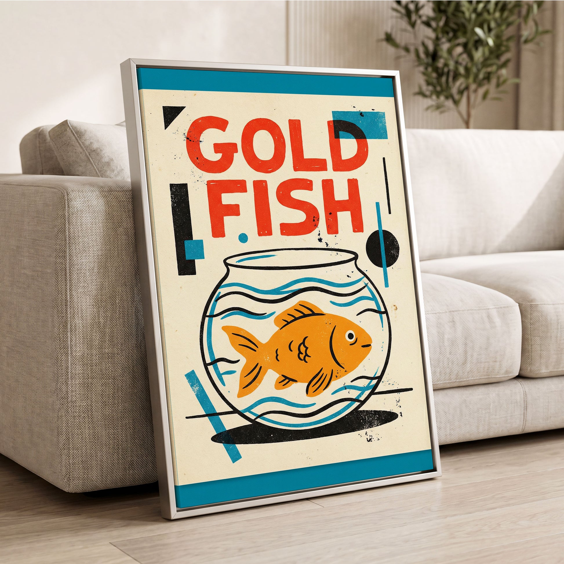 Goldfish Geometry, beige, orange, blue nature wall art displayed in a styled interior, gallery view 2