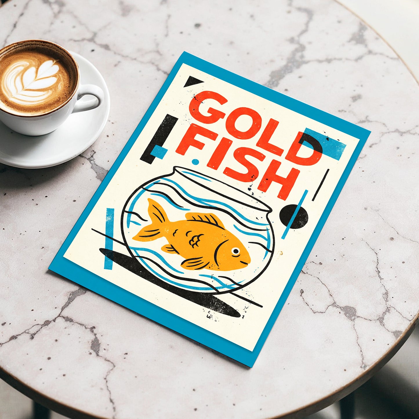 Goldfish Geometry, beige, orange, blue nature wall art displayed in a styled interior, gallery view 3