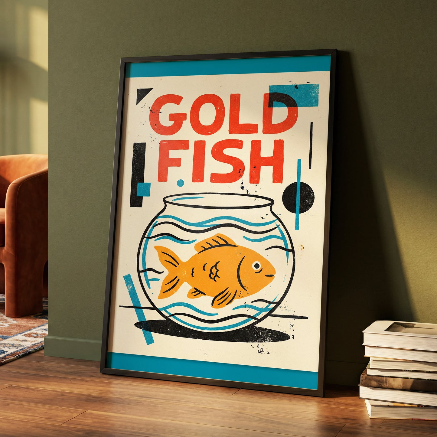 Goldfish Geometry, beige, orange, blue nature wall art displayed in a styled interior, gallery view 4