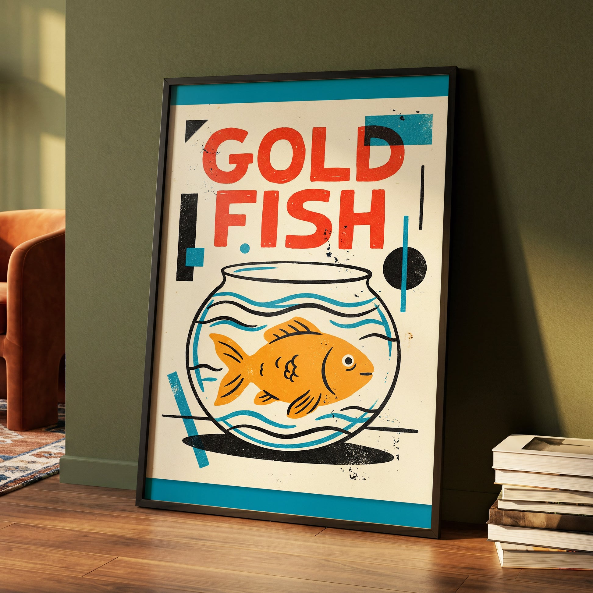 Goldfish Geometry, beige, orange, blue nature wall art displayed in a styled interior, gallery view 4