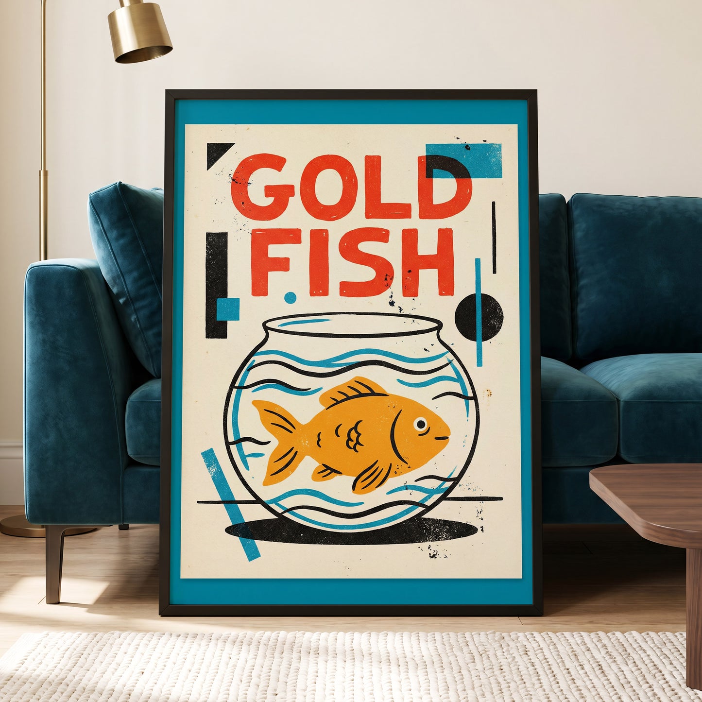 Goldfish Geometry, beige, orange, blue nature wall art displayed in a styled interior, gallery view 5