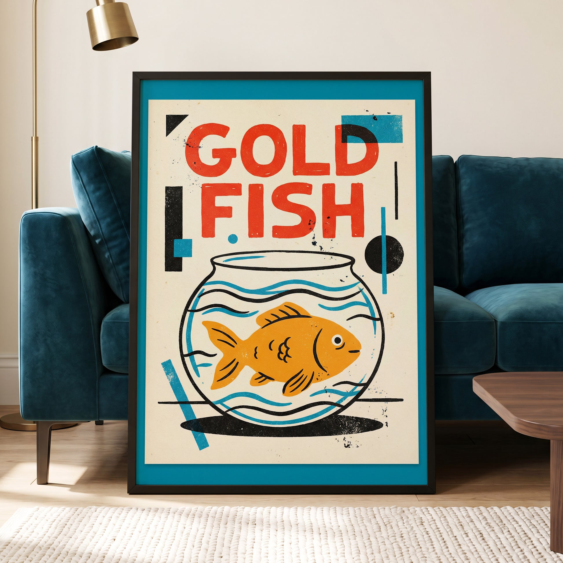 Goldfish Geometry, beige, orange, blue nature wall art displayed in a styled interior, gallery view 5