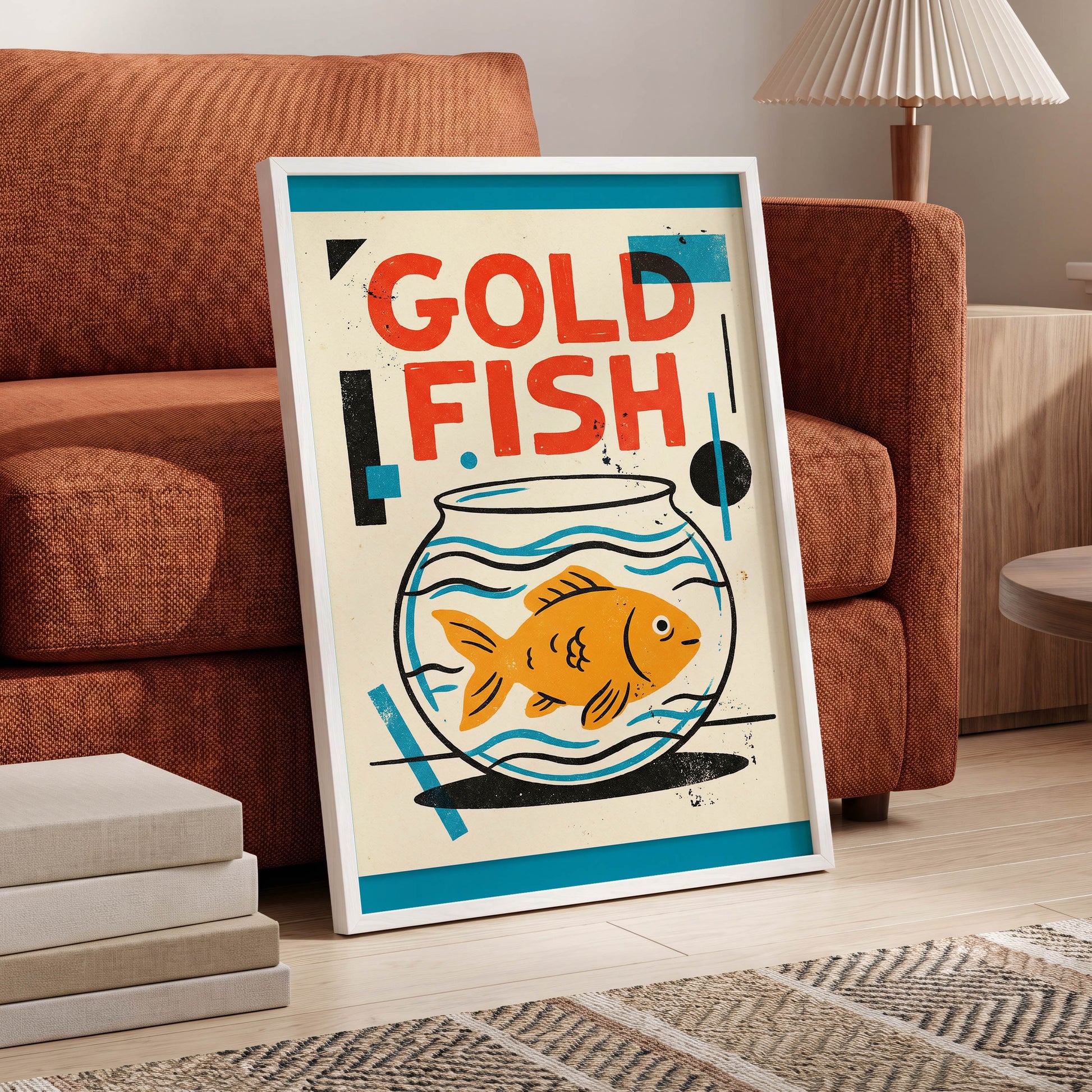 Goldfish Geometry, beige, orange, blue nature wall art displayed in a styled interior, gallery view 6