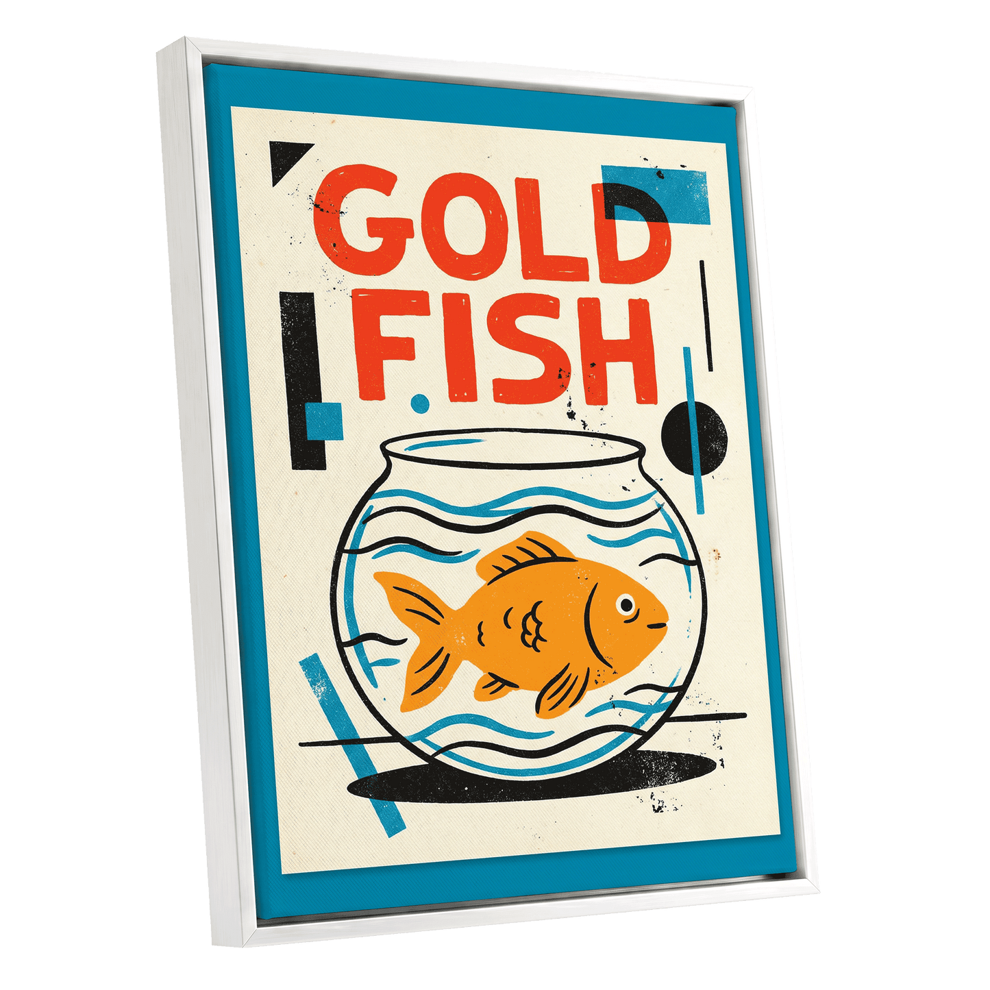 Goldfish Geometry, beige, orange, blue nature wall art shown as a white framed canvas wall art