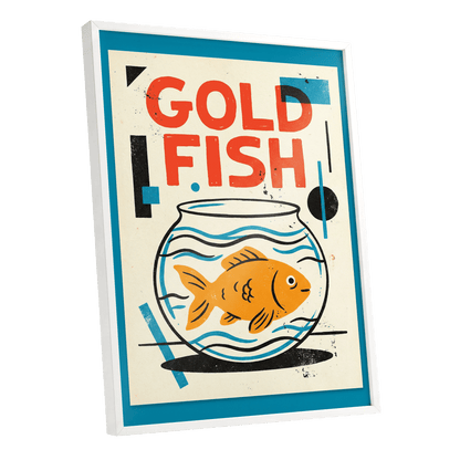 Goldfish Geometry, beige, orange, blue nature wall art shown as a white framed poster wall art print