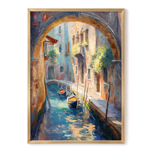 Gondolas Beneath the Arch, blue, brown, gold abstract wall art, front artwork view