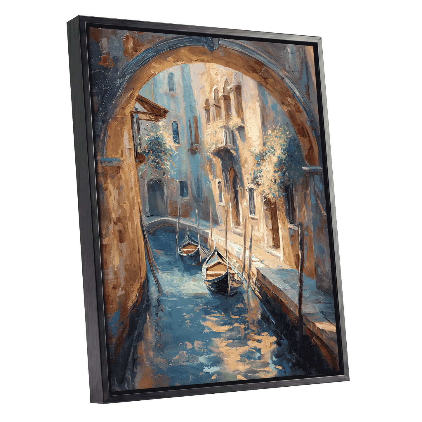 Gondolas Beneath the Arch, blue, brown, gold abstract wall art shown as a black framed canvas wall art