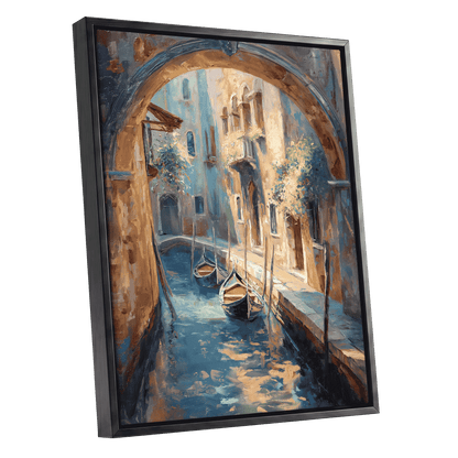 Gondolas Beneath the Arch, blue, brown, gold abstract wall art shown as a black framed canvas wall art