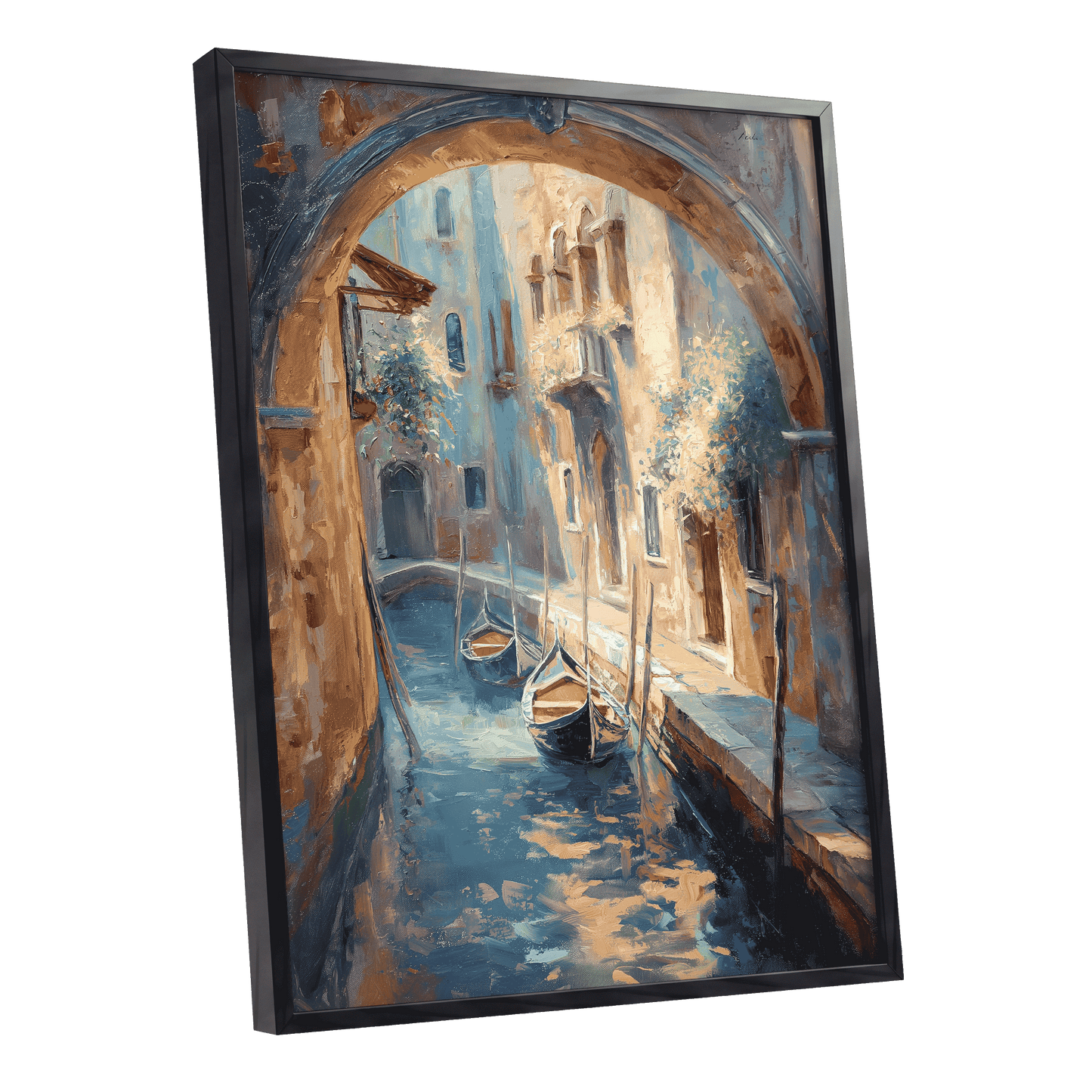 Gondolas Beneath the Arch, blue, brown, gold abstract wall art shown as a black framed poster wall art print