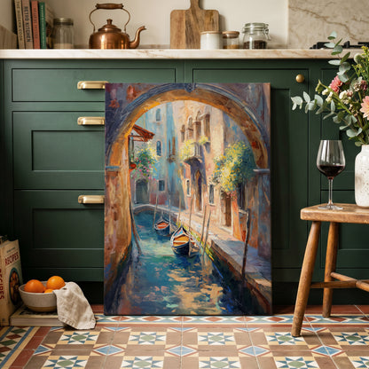Gondolas Beneath the Arch, blue, brown, gold abstract wall art on canvas displayed in a styled interior, gallery view 1