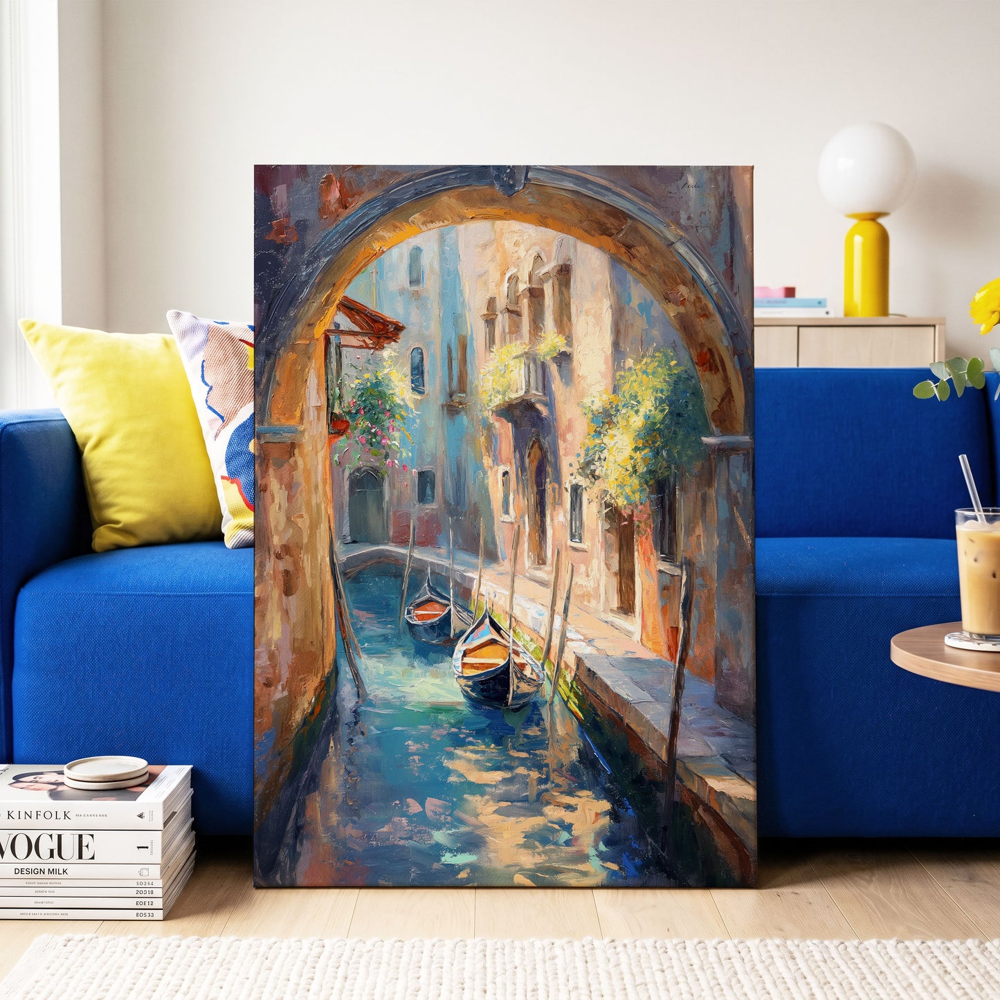 Gondolas Beneath the Arch, blue, brown, gold abstract wall art on canvas displayed in a styled interior, gallery view 2