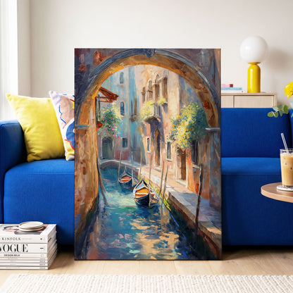Gondolas Beneath the Arch, blue, brown, gold abstract wall art on canvas displayed in a styled interior, gallery view 2