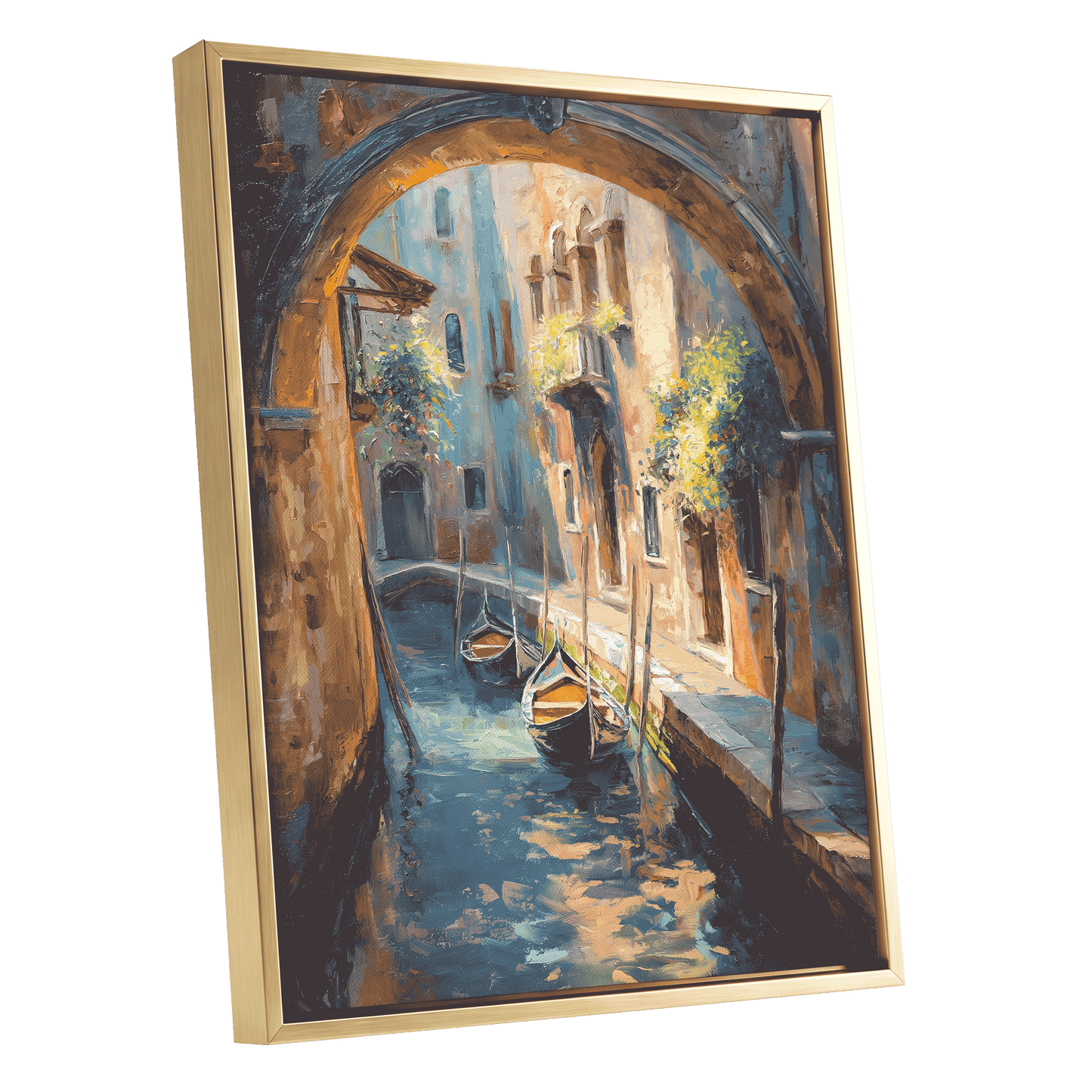 Gondolas Beneath the Arch, blue, brown, gold abstract wall art shown as a gold framed canvas wall art