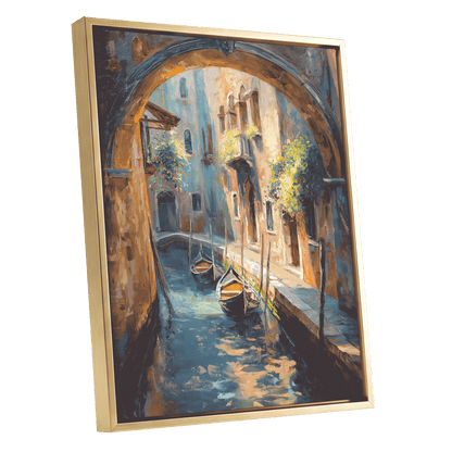 Gondolas Beneath the Arch, blue, brown, gold abstract wall art shown as a gold framed canvas wall art