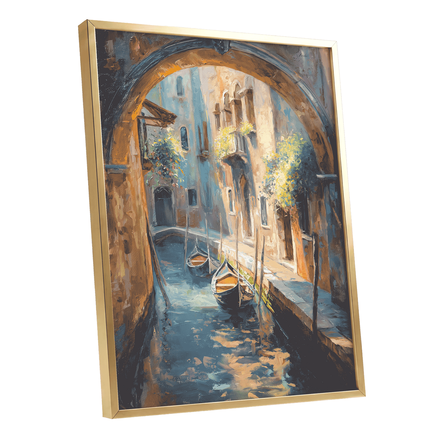 Gondolas Beneath the Arch, blue, brown, gold abstract wall art shown as a gold framed poster wall art print