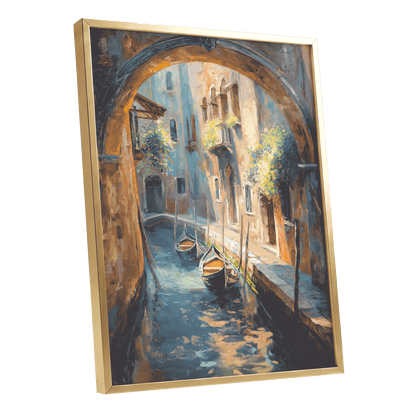 Gondolas Beneath the Arch, blue, brown, gold abstract wall art shown as a gold framed poster wall art print