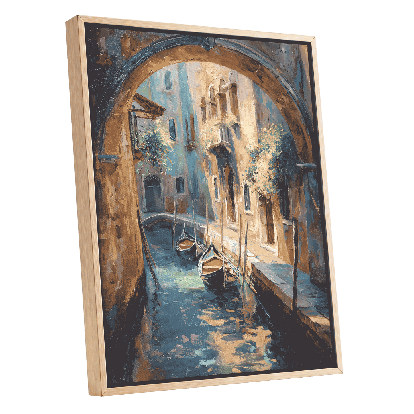 Gondolas Beneath the Arch, blue, brown, gold abstract wall art shown as a oak framed canvas wall art