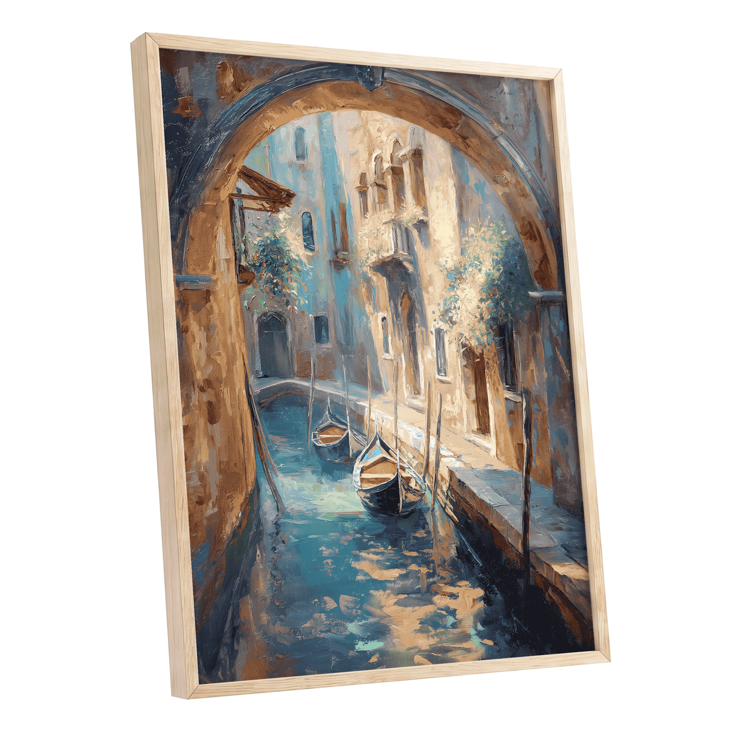 Gondolas Beneath the Arch, blue, brown, gold abstract wall art shown as a oak framed poster wall art print