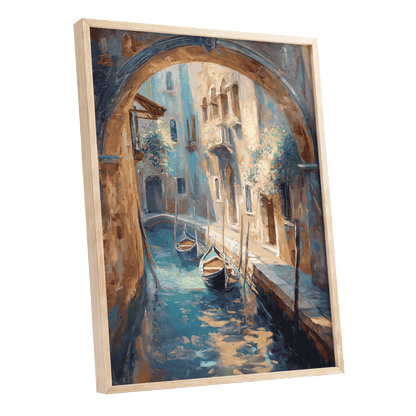 Gondolas Beneath the Arch, blue, brown, gold abstract wall art shown as a oak framed poster wall art print