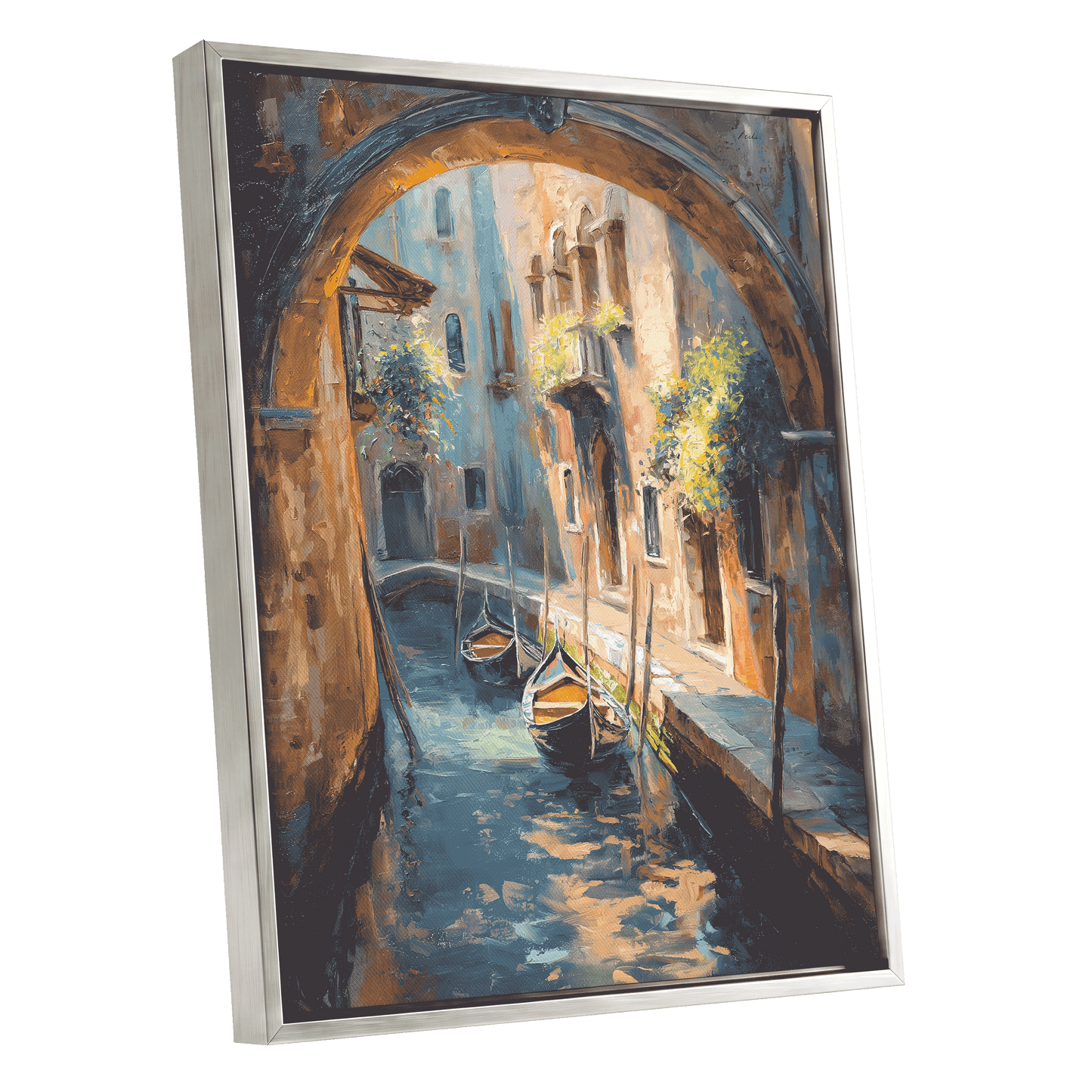 Gondolas Beneath the Arch, blue, brown, gold abstract wall art shown as a silver framed canvas wall art