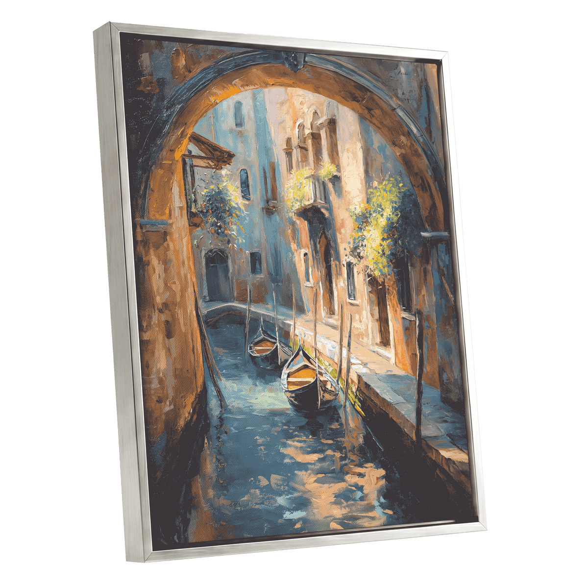 Gondolas Beneath the Arch, blue, brown, gold abstract wall art shown as a silver framed canvas wall art