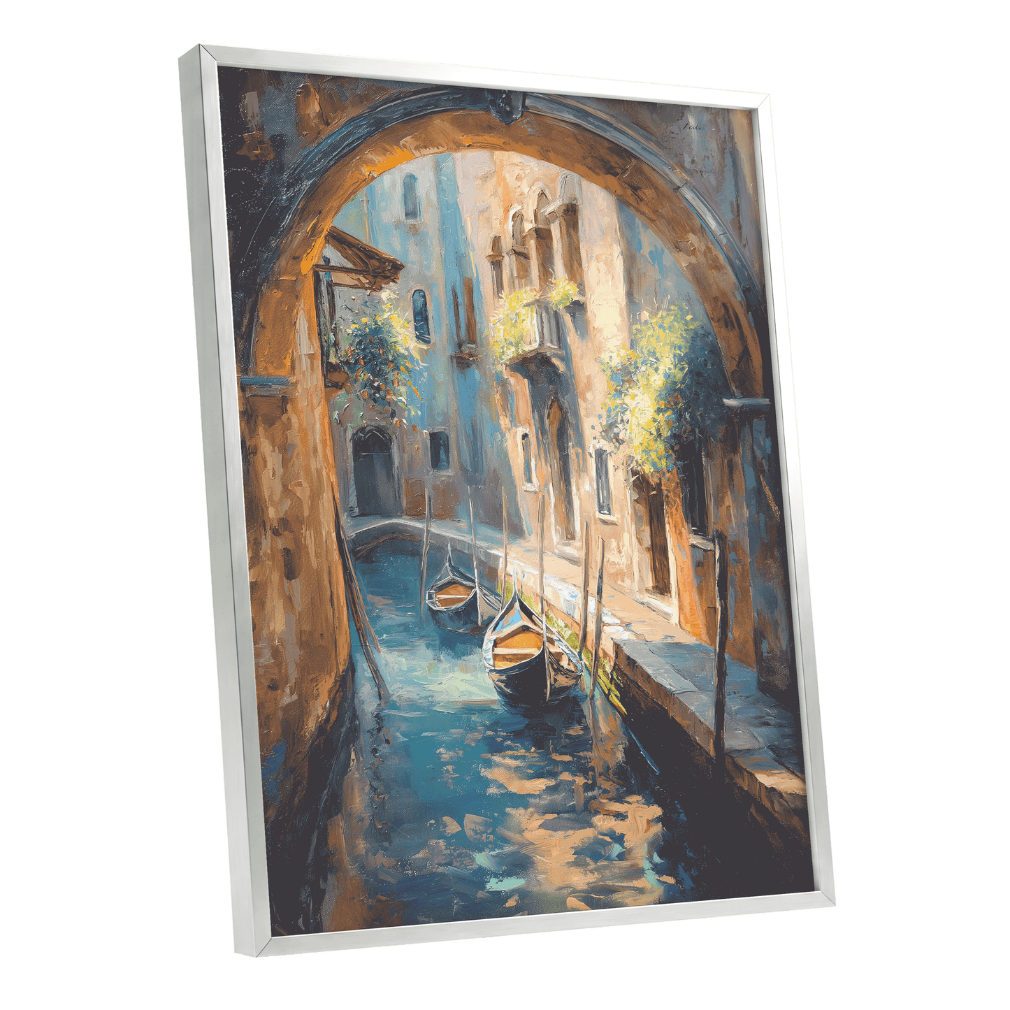 Gondolas Beneath the Arch, blue, brown, gold abstract wall art shown as a silver framed poster wall art print
