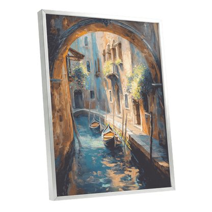 Gondolas Beneath the Arch, blue, brown, gold abstract wall art shown as a silver framed poster wall art print