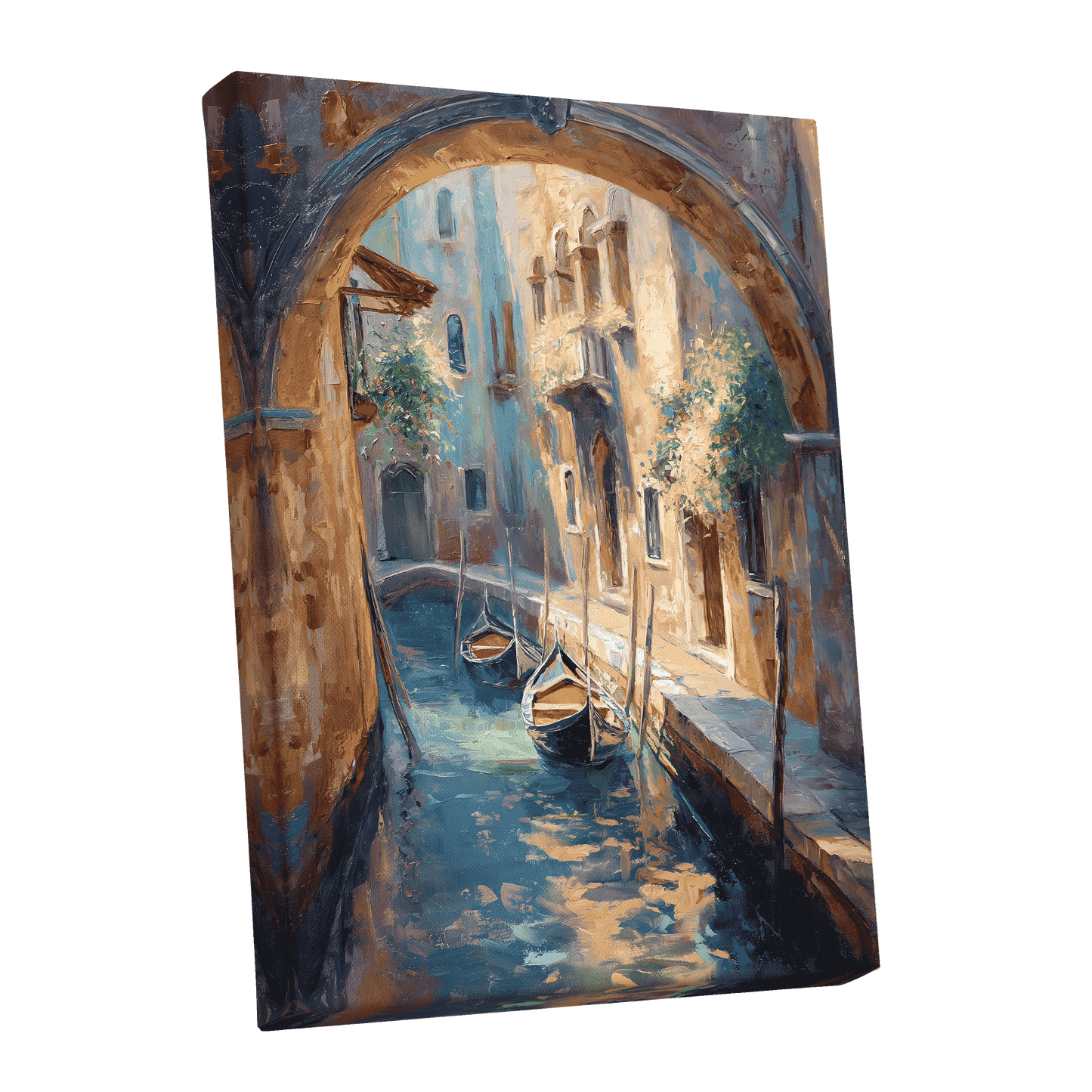 Gondolas Beneath the Arch, blue, brown, gold abstract wall art shown as a stretched canvas wall art