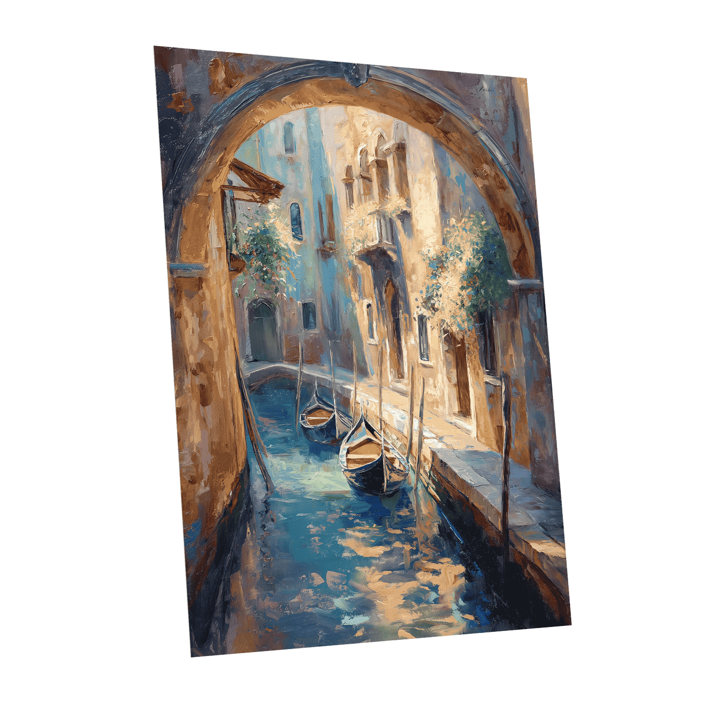 Gondolas Beneath the Arch, blue, brown, gold abstract wall art shown as a unframed poster wall art print