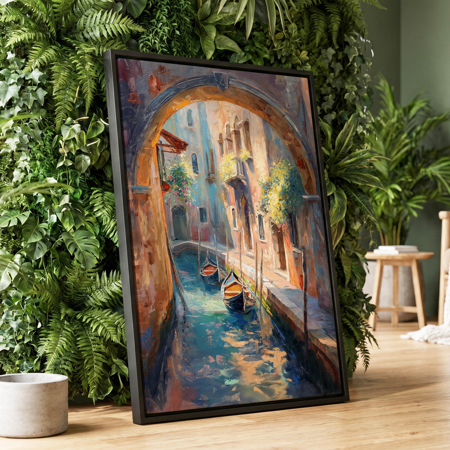 Gondolas Beneath the Arch, blue, brown, gold abstract wall art displayed in a styled interior, gallery view 1