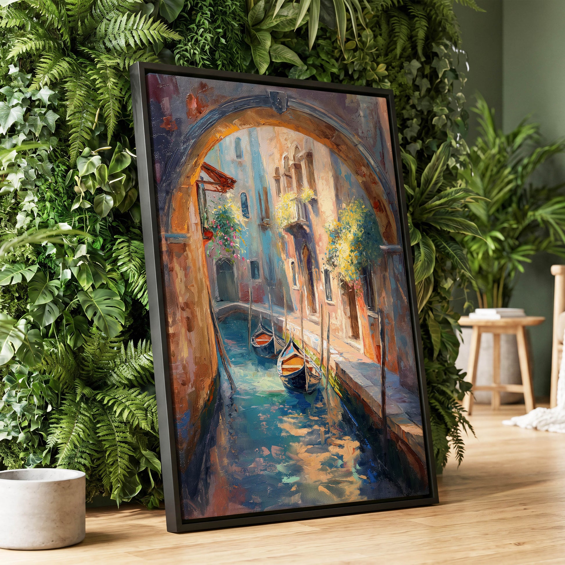Gondolas Beneath the Arch, blue, brown, gold abstract wall art displayed in a styled interior, gallery view 1