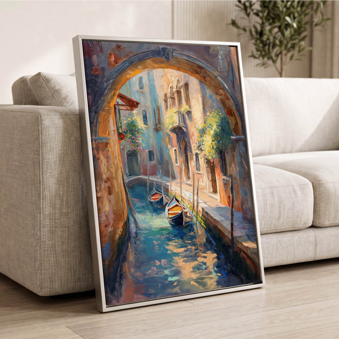 Gondolas Beneath the Arch, blue, brown, gold abstract wall art displayed in a styled interior, gallery view 2