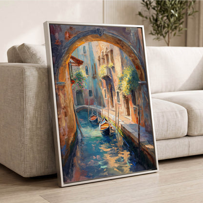 Gondolas Beneath the Arch, blue, brown, gold abstract wall art displayed in a styled interior, gallery view 2