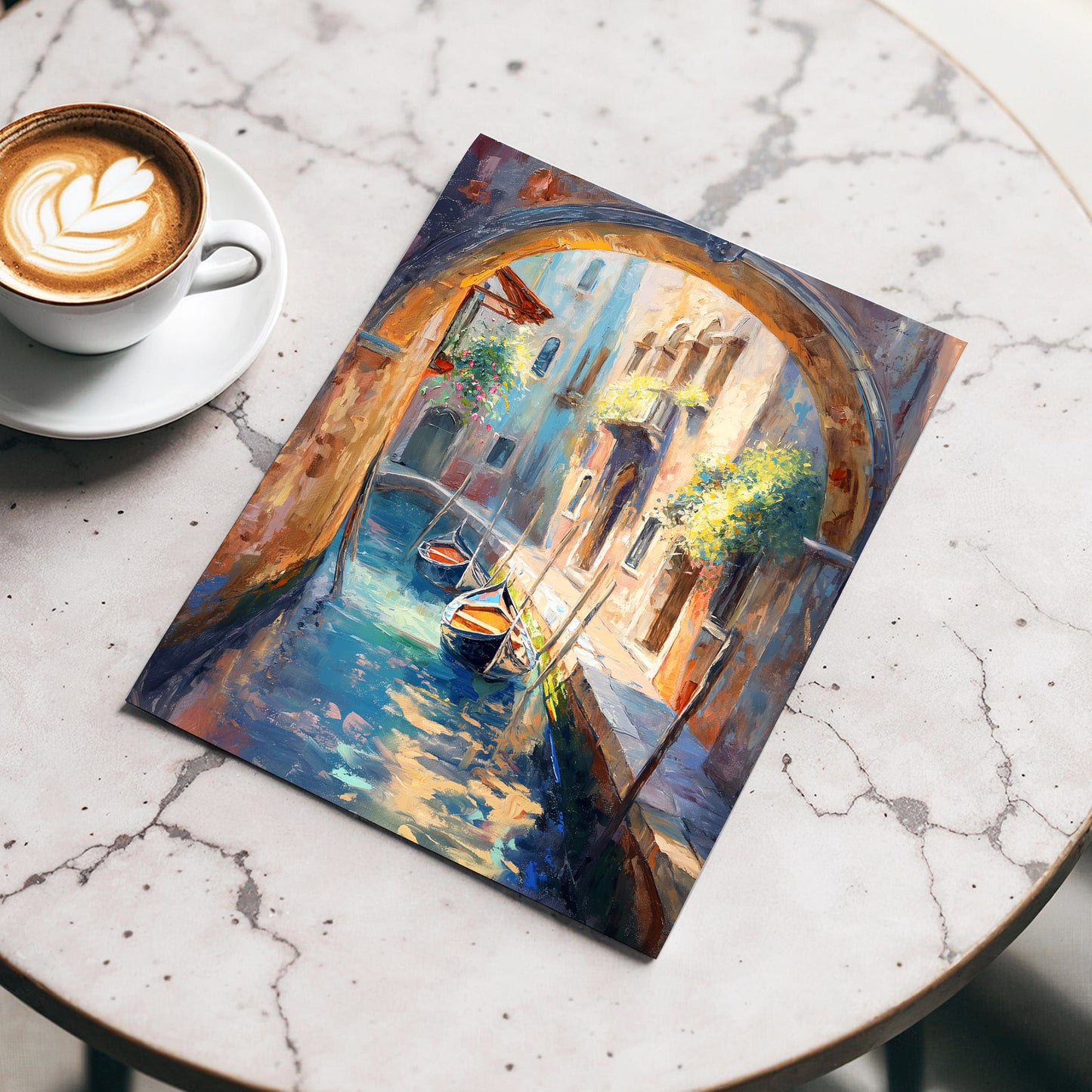 Gondolas Beneath the Arch, blue, brown, gold abstract wall art displayed in a styled interior, gallery view 3