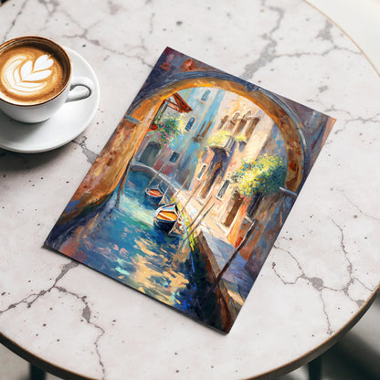 Gondolas Beneath the Arch, blue, brown, gold abstract wall art displayed in a styled interior, gallery view 3